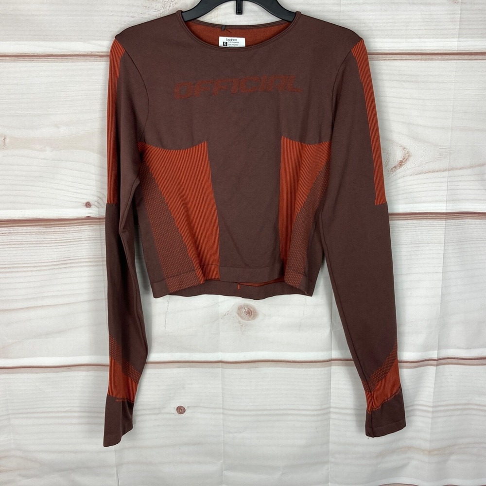 Boohoo Top Women Small Brown Orange Seamless Crop Athletic Crew Neck Long Sleeve